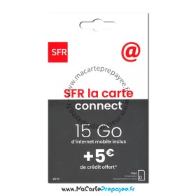 recto packaging carte sim prépayée sfr la carte connect 15go + 5 euros crédit inclus