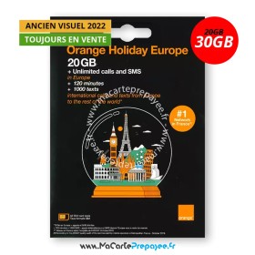 recto packaging 2022 carte sim prépayée Orange Holiday Europe 20GB