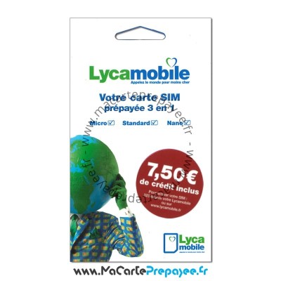 Carte SIM Prépayée LYCAMOBILE | 5€ inclus + 2,5€ offerts